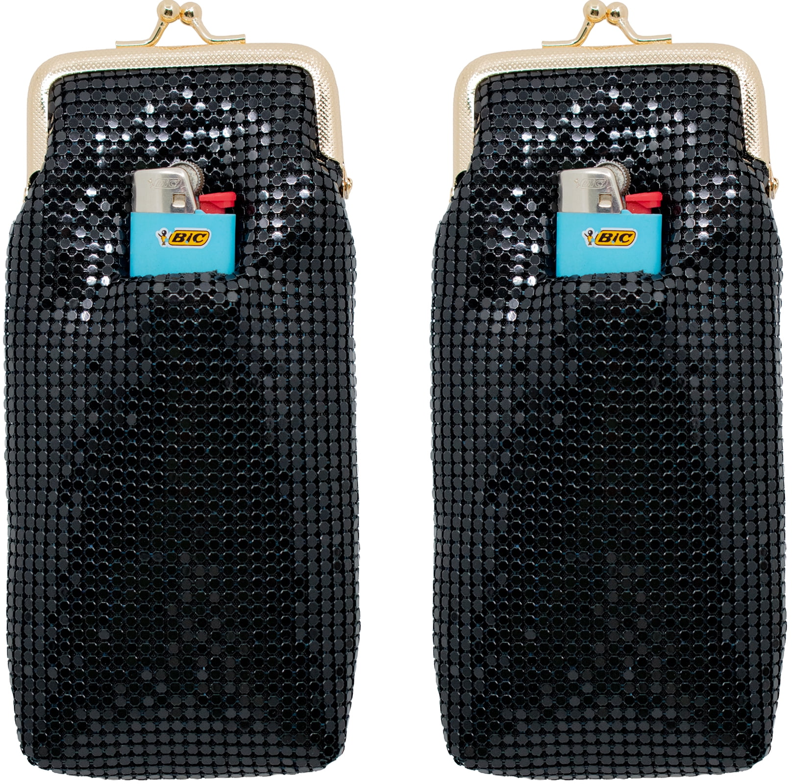 Set of 2 Vintage Soft Metallic Mesh Long Cigarette Case Purses With Lighter Pocket (3mm, Black)