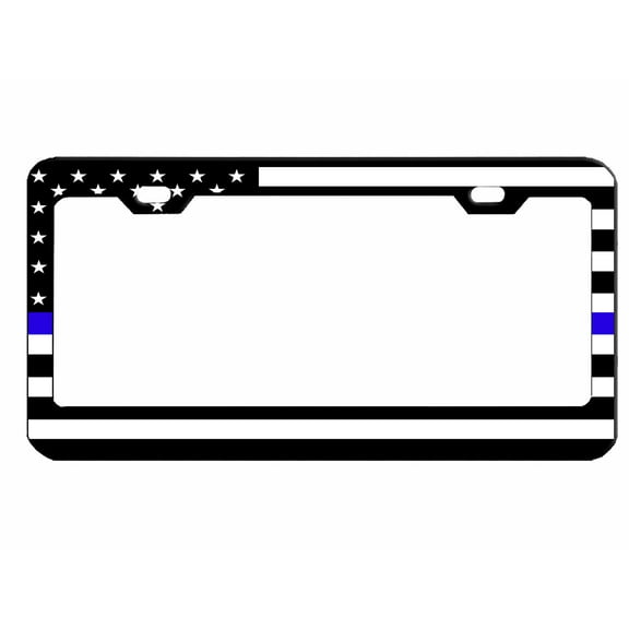 Thin Blue Line Style with American Flag Metal License Plate Frame Personalized/Car Accessories Car Tag Holder Cover (Black/White)