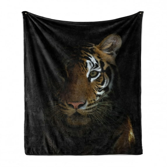 Tiger Soft Flannel Fleece Throw Blanket, King of Sundarbans in a Dark Environment Mild Mannered Majestic Animal, Cozy Plush for Indoor and Outdoor Use, 70" x 90", Dark Orange Black, by Ambesonne