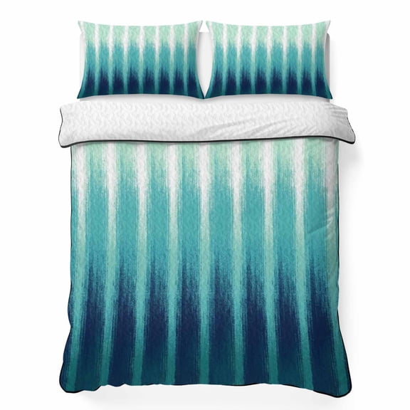 King Quilt Bedding Set, Turquoise Striped Gradient 3 Piece Bedding Set Lightweight Breathable Quilt with 2 Pillow Shams, Abstract Minimalist Art Soft Microfiber Summer Comforter for Hot Sleepers