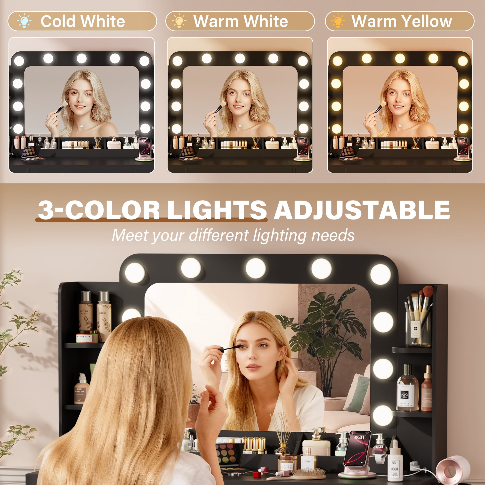 Lacoo Vanity Desk with Mirror & Lights, Makeup Vanity Set with 7 Drawers & Shelves, Vanity Table for Bedroom, Black