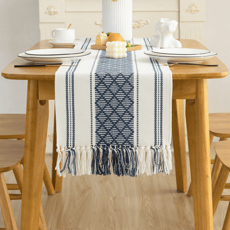 

Husfou Woven Table Runner Farmhouse 14 x 72 in Boho Table Runner with Tassels Contemporary for Dining Room Wedding Holiday Party Table Decor (Navy)