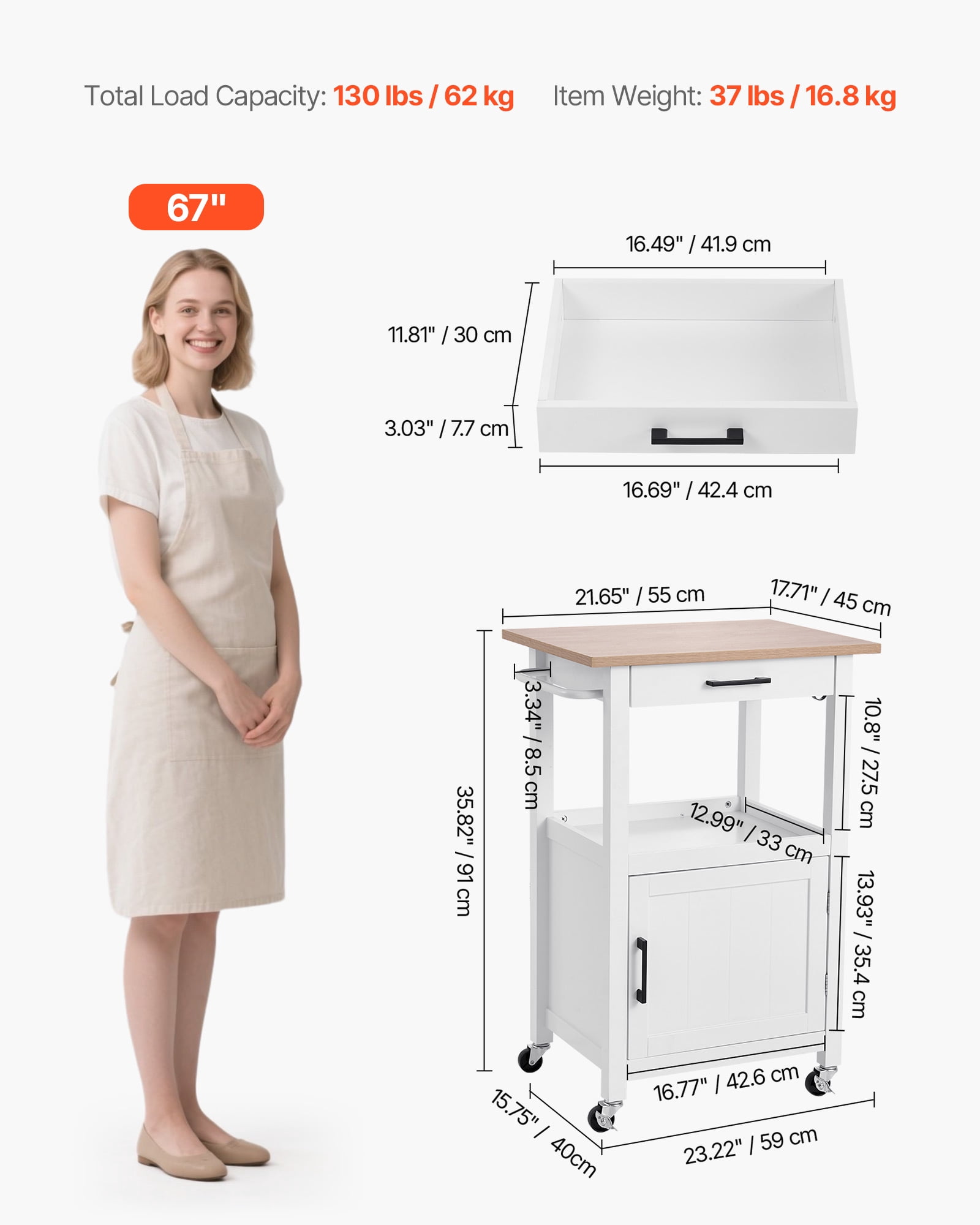 VEVOR Kitchen Island Cart with Single Door Cabinet, Mobile Carts with Drawer, Towel Rack, Hooks, Portable Table on Swivel Wheels,Small Coffee Islands Microwave Stand for Dining Room,18x23 in,White