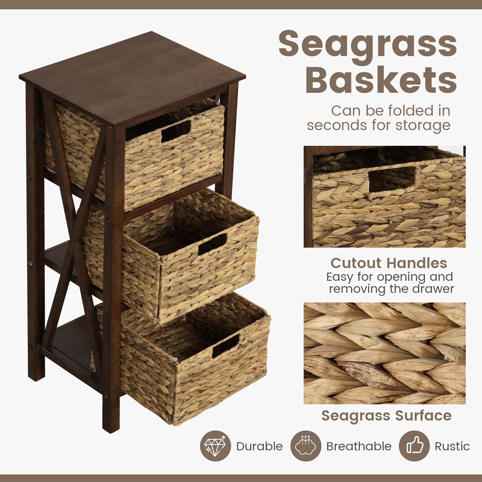 Costway 2 PCS 3-Tier Nightstand with 3 Seagrass Baskets Rubber Wood X-Shaped Frames 3 Drawers
