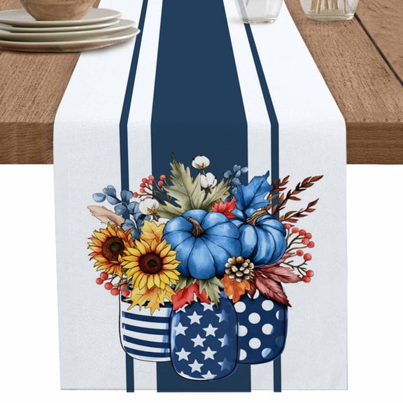 nqOlkjepod Navy Blue Pumpkin Table Runner 72 Inches Long Farmhouse Dress Scarves, Fall Thanksgiving Sunflower Floral Striped Dining Tablerunner for Coffee Table/Kitchen Island/Party Décor, 13" x 72"