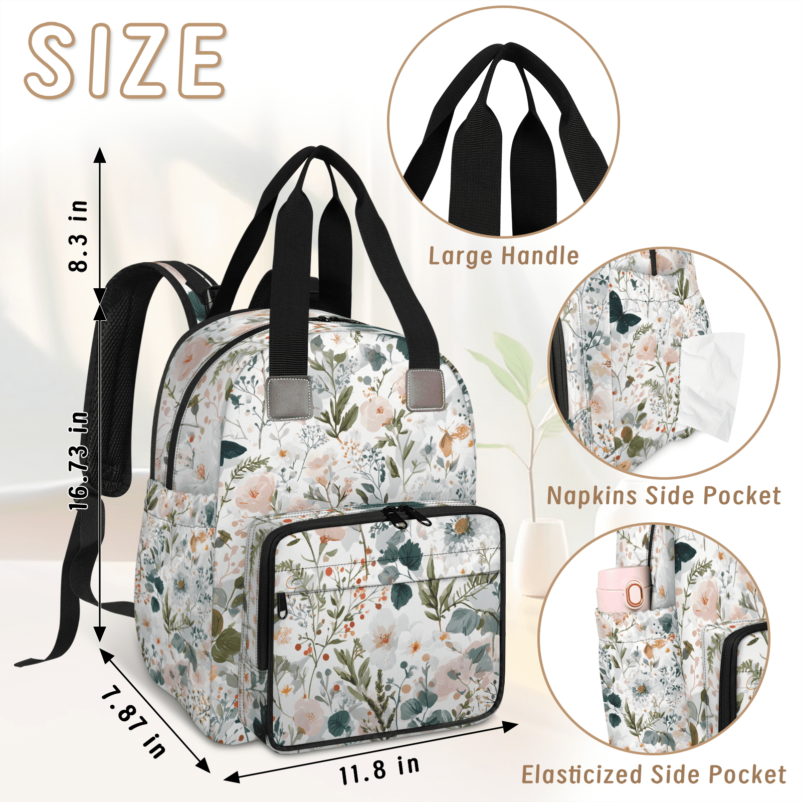 Floral Print Diaper Bag Backpack, Multifunction Baby Travel Backpacks with USB Port, Insulated Pocket, Stroller Straps
