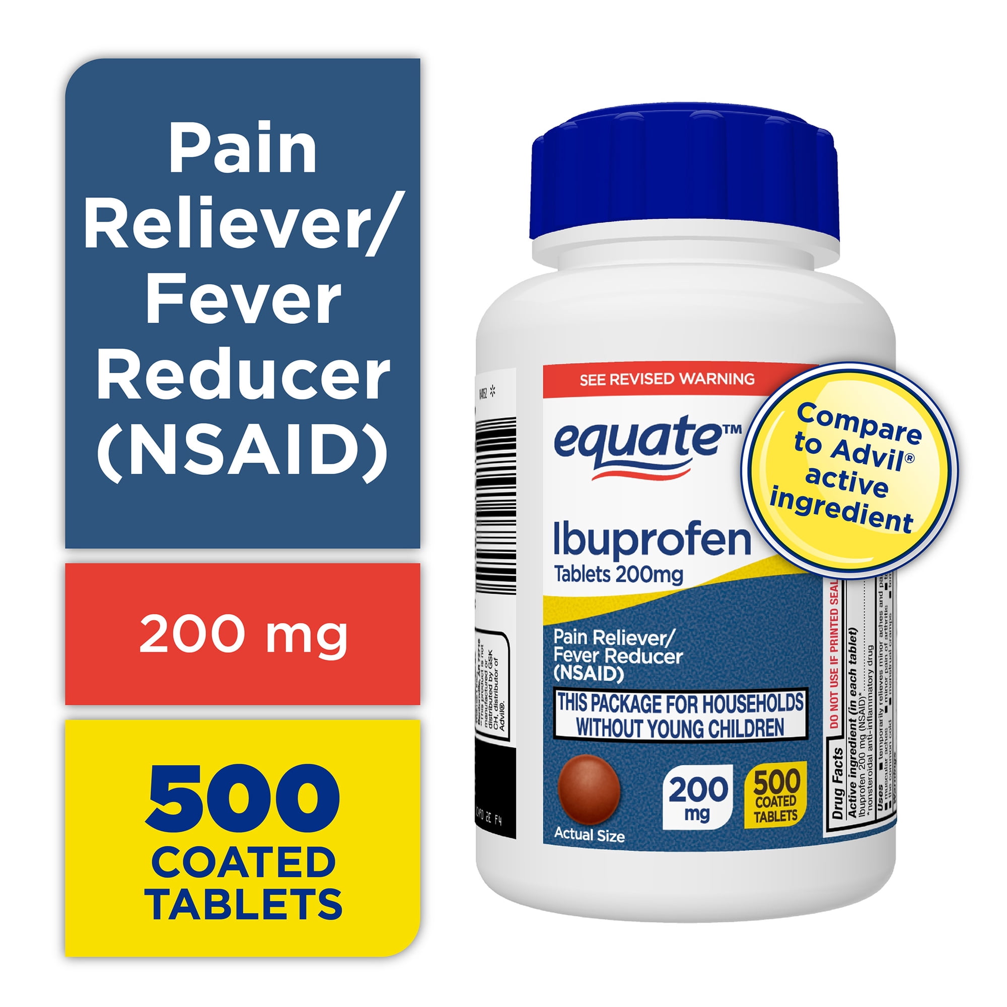 Equate Ibuprofen 200mg Tablets, Pain Reliever and Fever Reducer, 500 Count