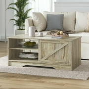 Bestco 42 in  Farmhouse Coffee Table with Sliding Door, Rustic Coffee Table with Storage Cabinet & Adjustable Shelf, Modern Rectangular Center Table for Living Room Office, Light Rustic Oak