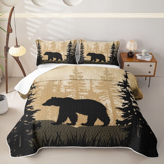 Castle Fairy Safari Bear Twin Quilt Set,Woodland Animal Twin Coverlet Set,Black Cream