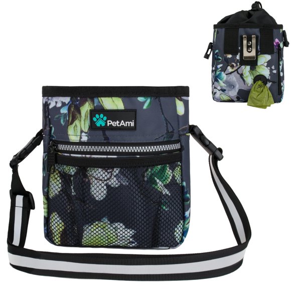 PetAmi Dog Treat Pouch, Pet Treat Pouch for Training, Dog Walking Bag Holder for Kibbles, Pet Food Toy, Dog Trainer Essentials Supplies, Poop Bag Dispenser, 3 Ways to Wear (Floral Grey)