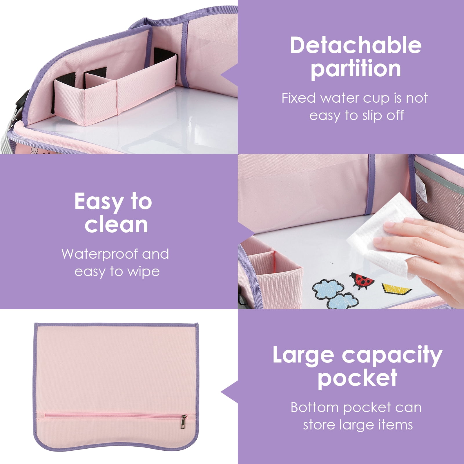 Carseat Table Tray for Kids Polyester Made Portable Drawing Board with Padded Shoulder Strap for Road Trip Activities