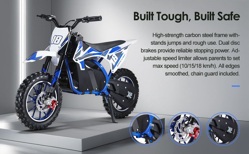Dirt Bike, Kids Electric Motocross Bike, Off Road Mini Motorcycle, Electric Pocket Motorbike with High-Performance Motor and Battery, 10 Inch Tires-Blue