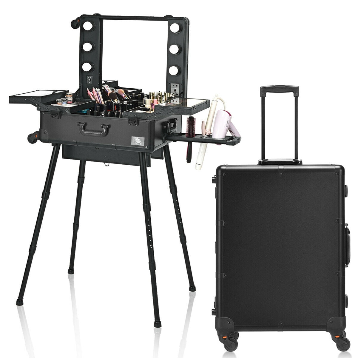 Costway Rolling Cosmetics Case Mirror Telescoping Legs 6 Led Lights Portable Black