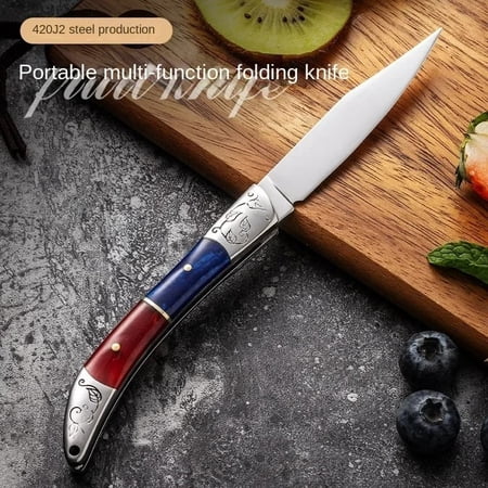 Portable Folding Pocket Knife 420J2 Stainless Steel Blade Blue and Red Handle with Engraved Design 7.3cm Blade Multi-Function Camping and Kitchen Knife