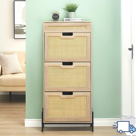 Rattan Shoe Storage Cabinet with 3 Flip Drawers & 1 Small Drawer, Narrow Shoe Rack Organizer with Adjustable Shelves & Anti-Tipping Device
