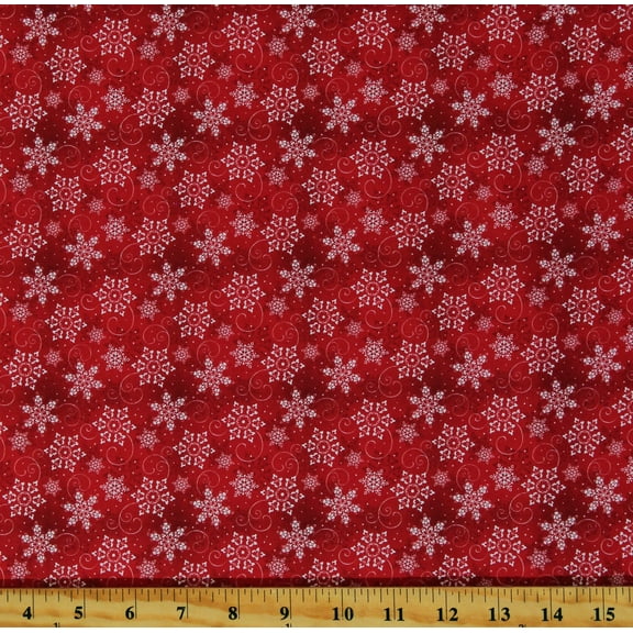 Cotton Christmas Snowflakes Snow Winter Holiday Seasonal Swirls Dots Red Cotton Fabric Print by the Yard (133456)