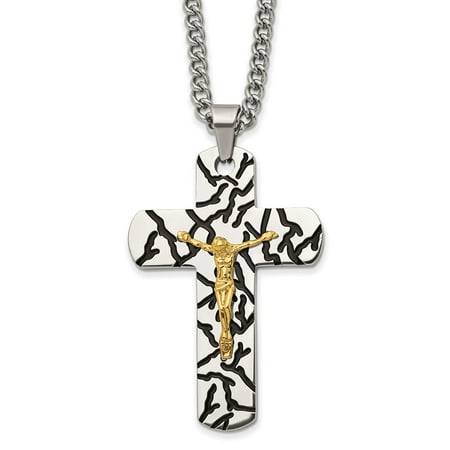 Primal Steel Stainless Steel Polished Yellow IP-plated with Enamel Crucifix 24-inch Necklace
