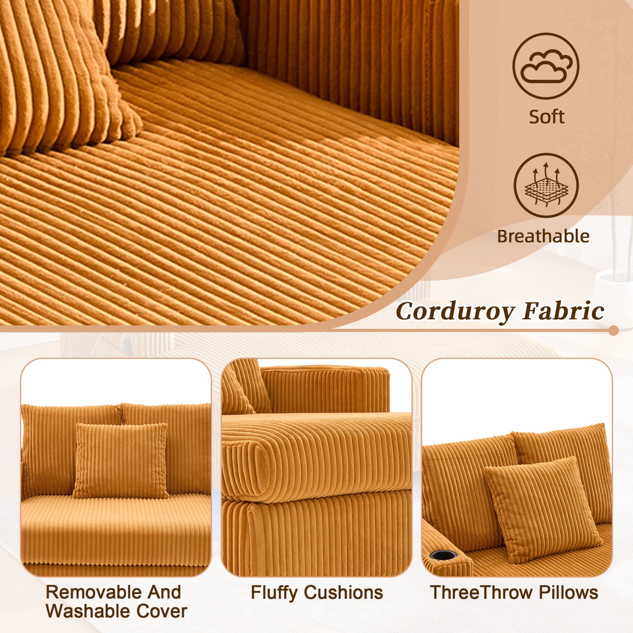 Noble House Oversized Corduroy Recliner Sofa, Deep Seat Chaise Lounge with Pillows for Living Room/Bedroom, Mustard Yellow