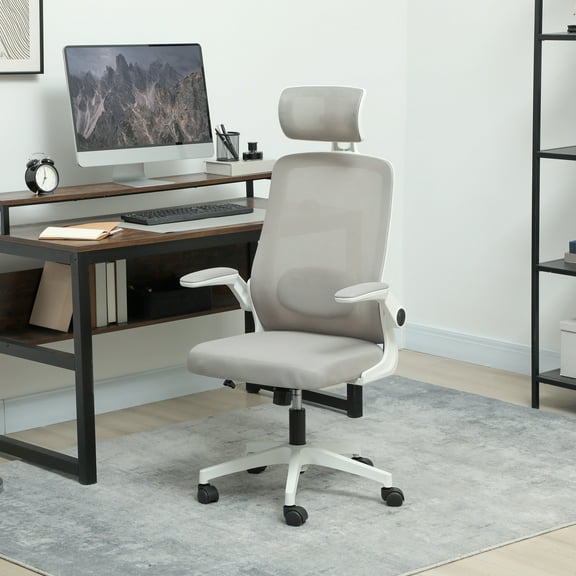 HOMCOM Ergonomic Office Chair with Flip-up Armrest, Adjustable Headrest and Lumbar Support, Mesh Desk Chair for Home Office, Gray