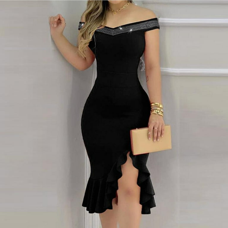 WILLBEST Black Tie Wedding Guest Dresses for Women Long Sleeve Cold Women  Slit Dress Plain Shoulder Loose Fashion Dress Solid Ruffle Women's Dress  Trendy - Walmart.com