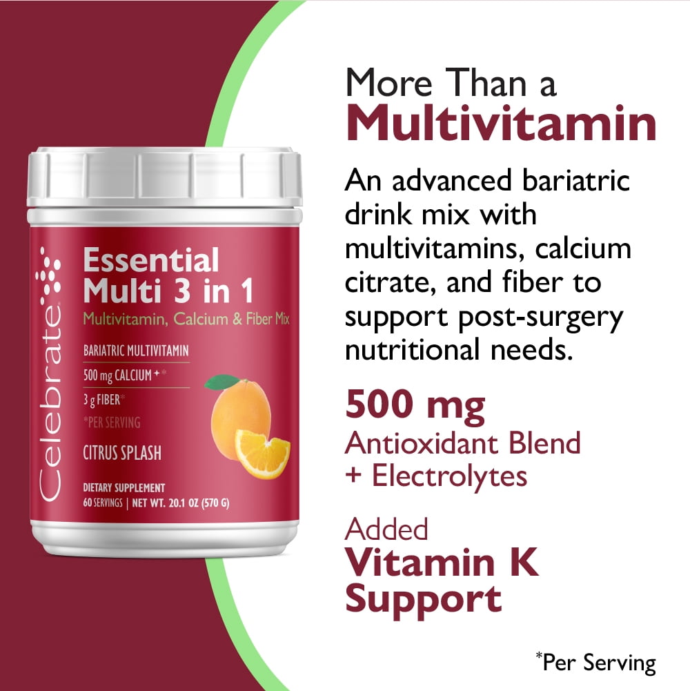 Celebrate Vitamins 3-in-1 Bariatric Multivitamin with Calcium Citrate Drink Mix, Citrus Splash, 60 servings
