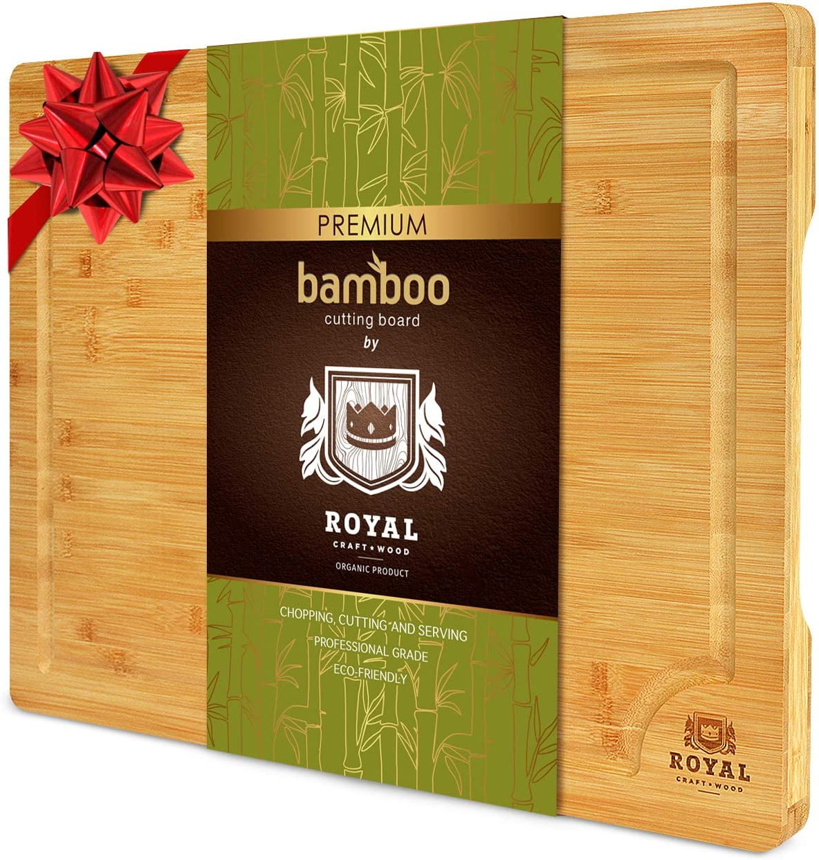 EXTRA LARGE Organic Bamboo Cutting Board with Juice Groove Anti Microbial Heavy Duty Serving Tray w/Handles Butcher Block 18 x 12 Cheese and Vegetables Best Kitchen Chopping Board for Meat