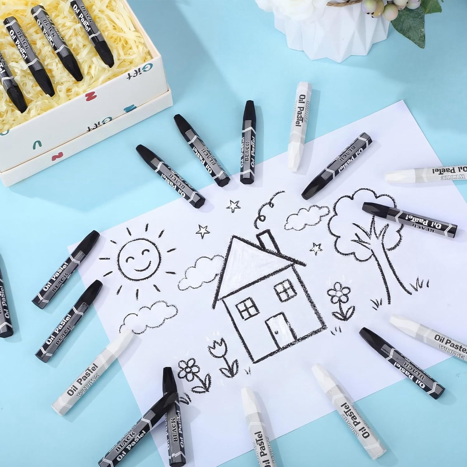 48 Pcs Black and White Soft Oil Pastels Bulk Artists Crayons Single Color Hexagonal Creamy Pastel for Beginners Painting Drawing Relaxing Blending