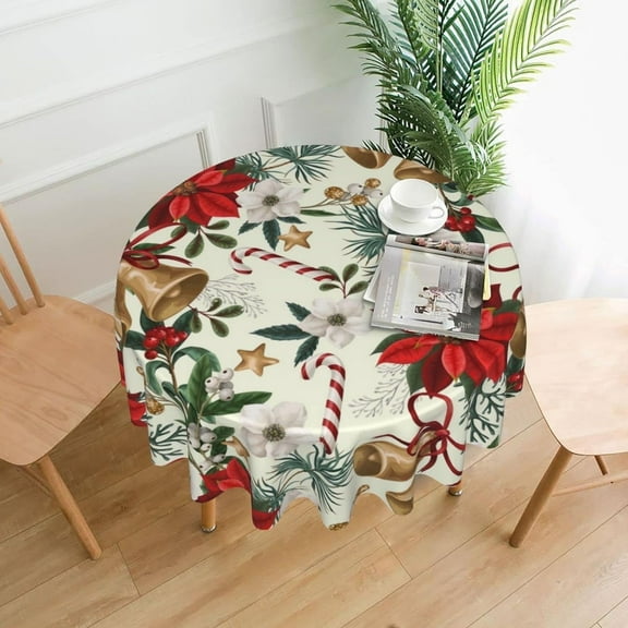 Merry Christmas Round Tablecloth Washable Table Cover for Home Kitchen Dining Picnic Party 60 Inch