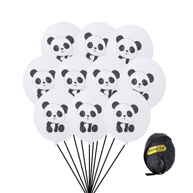 11pcs/Set 12inch Panda Printed Latex Balloons Cartoon Balloons Home Decor for Party Birthday (10 Panda Balloons+Black Ribbon)