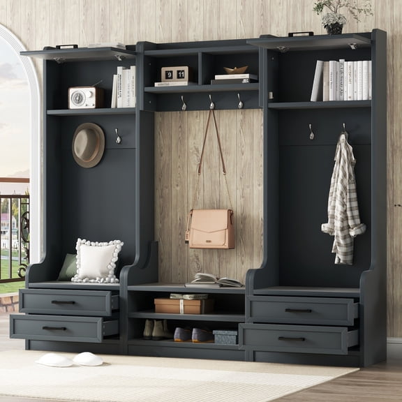 NOBRAND Hall Tree 4-in-1 Detachable Antique Blue with Storage Drawers, Cabinet, 7 Hooks, Shoe Bench, MDF, 78 x 16 x 70 Inch