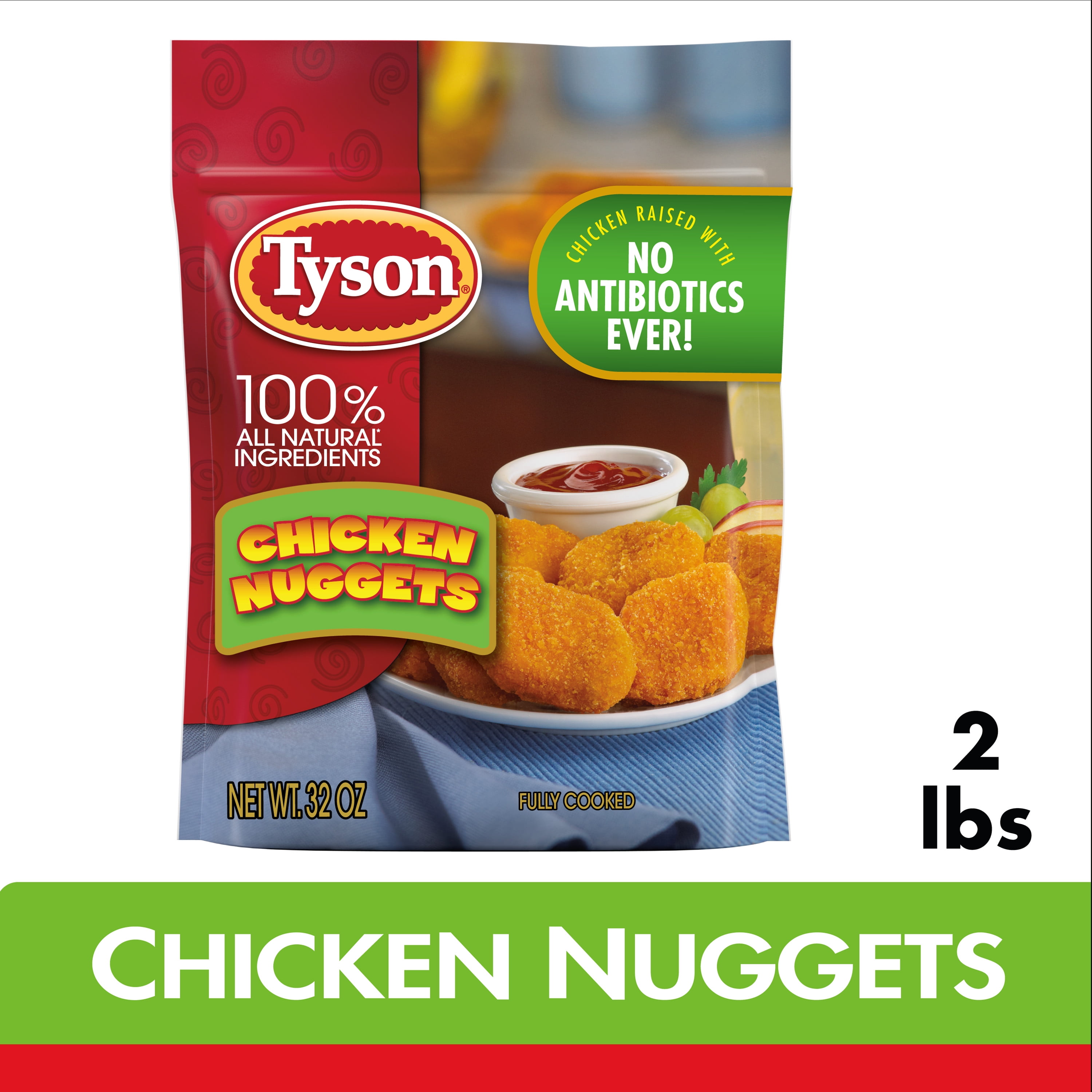 Tyson Fully Cooked Chicken Nuggets, 2 lb Bag (Frozen) Crispy on the outside and juicy on the inside, made with 100% all-natural* ingredients.  *Minimally processed. No artificial ingredients
