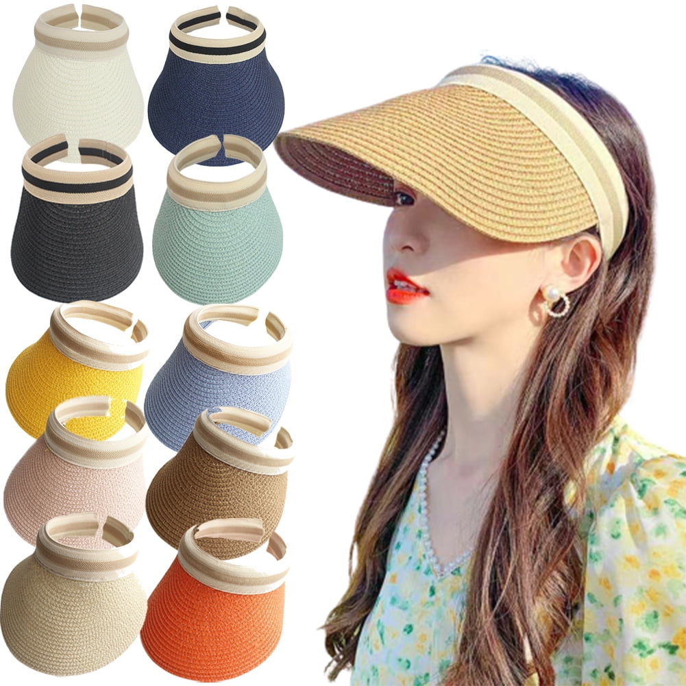 Leaveforme Sun Visor Hat Wide Brim Empty Top Straw Weaving Decorative Outdoor Lady Summer Sun