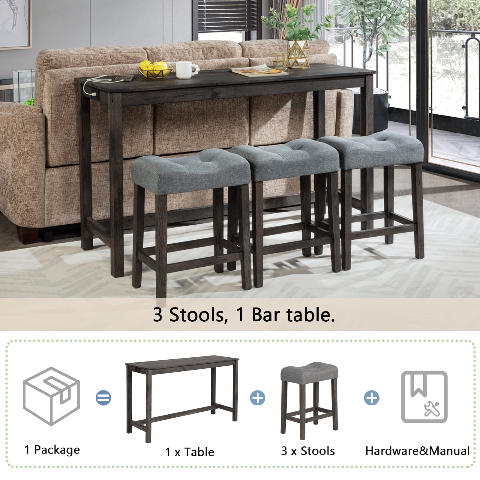 MAYEERTY 4-Piece Bar Table Set with USB Charging Port – Modern Sofa Bar Table and Upholstered Stools Set for Behind Couch, Dining Room, or Living Room