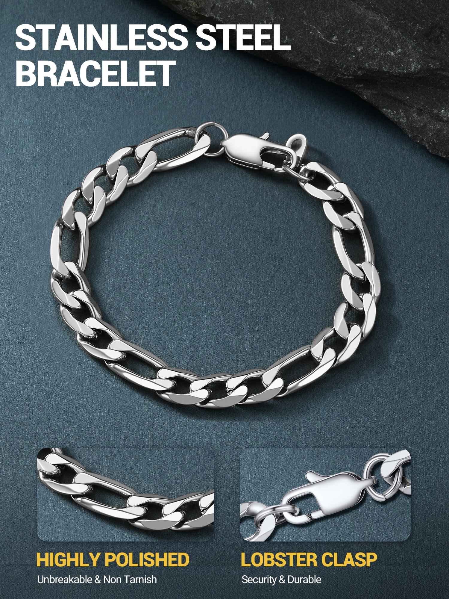 PROSTEEL Bracelet for Men Stainless Steel Figaro Chain Wrist Link Bracelets 9MM 7.5 inch Boyfriend Silver Birthday Father Day Jewelry Gift for Him Dad Son Adult Age