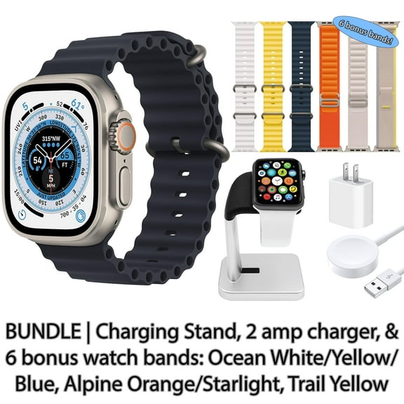 Restored Apple Watch Ultra (GPS   Cellular, 49 mm) Titanium Case with Midnight Ocean Band, Bundle 6 Bonus Bands, Charging Stand, & 2 amp charger (Refurbished)