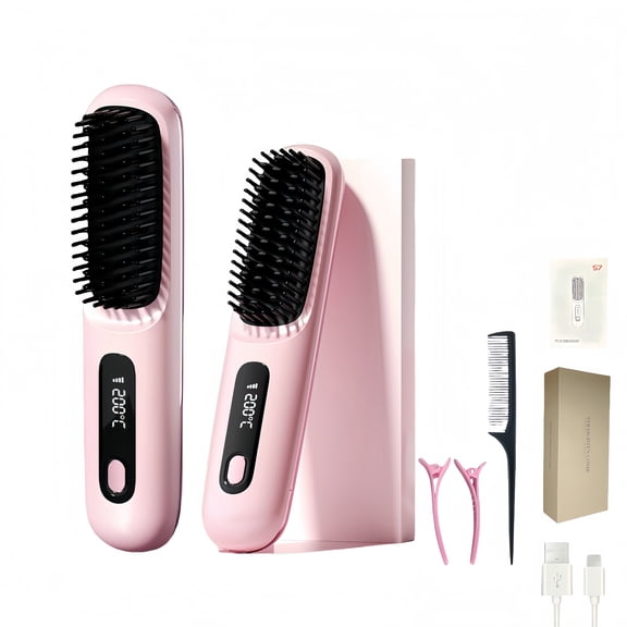 Jinglong Hair Straightener Brush, Wireless Straight Hair Comb, Portable Straightening Brush with LED Display Screen, Anti-Scald Ceramic and 3 Temperature Adjust & USB Rechargeable, Pink