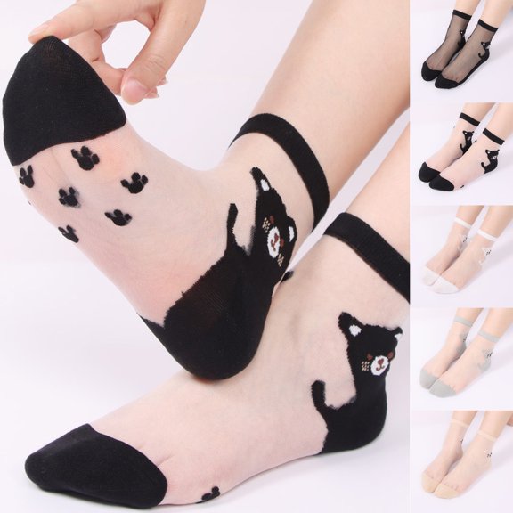 CNEJRHG 1Pair Cute Cat Printed Socks for Women Mid Calf Socks Lace Mesh Sheer Ankle Crew Socks, Size 6-8 Clear
