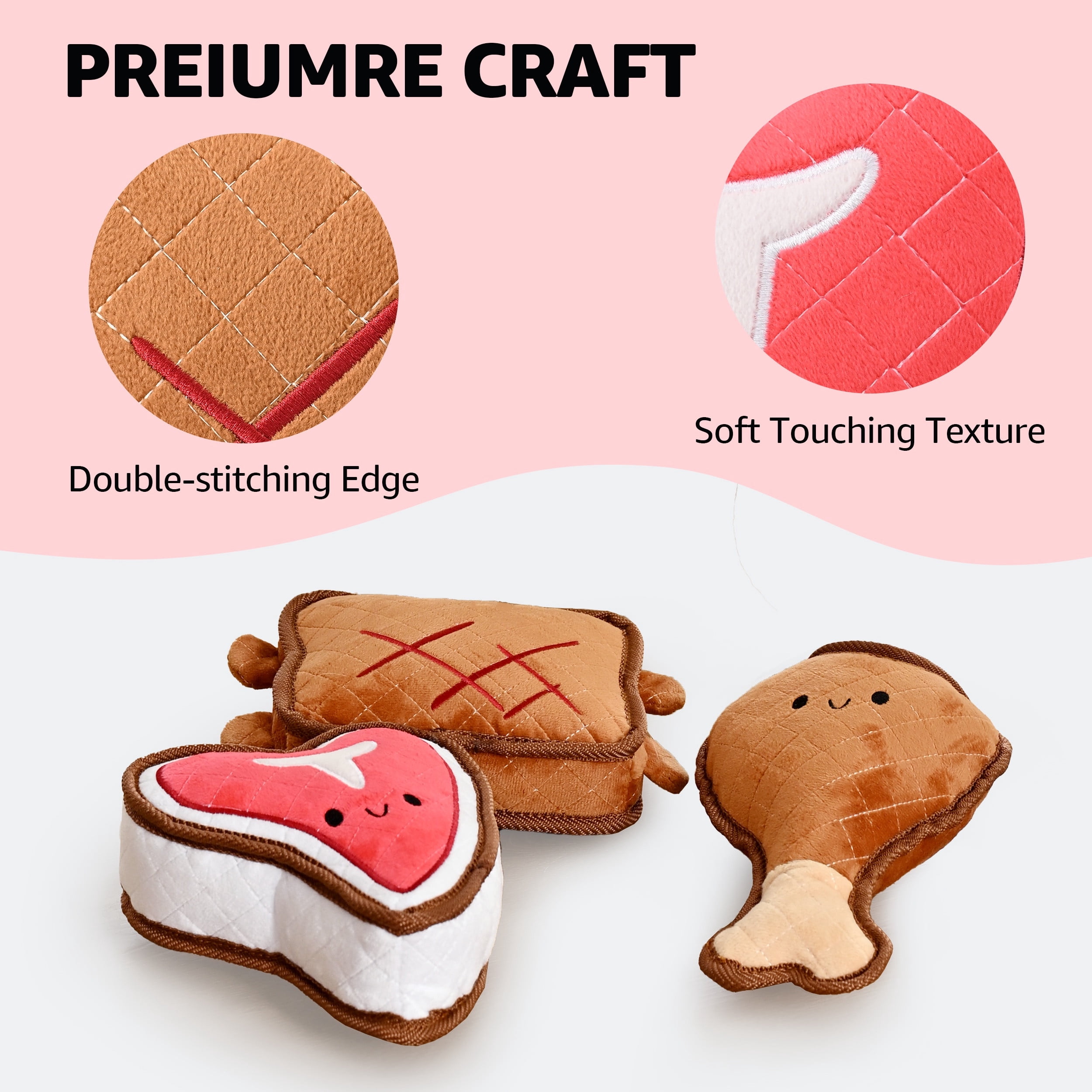 Max & Marlow Indestructible Plush Dog Chew Toy for Aggressive Chewers, Chicken, Beef, and Sandwich 3 Pack