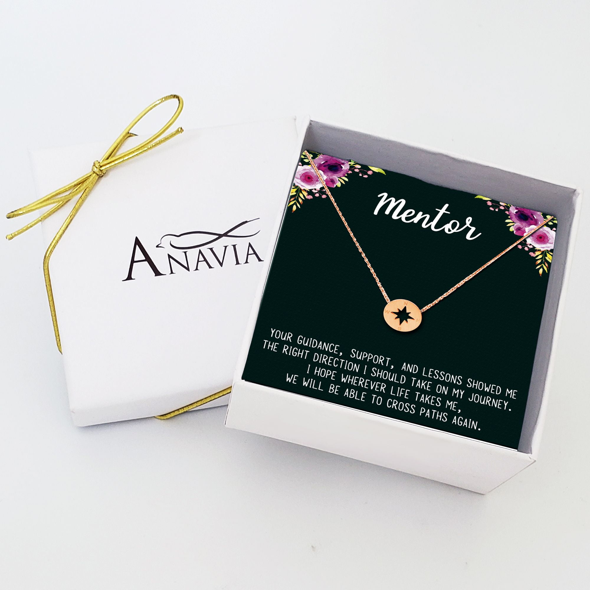 Anavia Mentor Compass Necklace, Compass Jewelry, Mentor Gift, Jewelry Gift, Gifts for Teachers, Gift for Boss, Birthday Gift, Christmas Gift for Her, Compass Necklace with Wish Card -[Rose Gold]