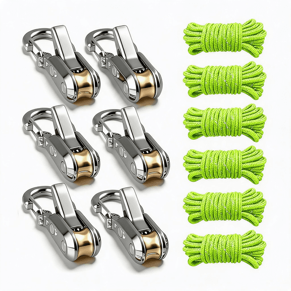 6-Pack Paracord Adjusters with 13ft Reflective Guy Lines, Rope Tighteners for Tents & Tarps, Green