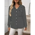 thumbnail image 6 of Womens Button Down Shirts Striped Classic Long Sleeve Collared Office Work Blouses Tops with Pocket Black S, 6 of 9