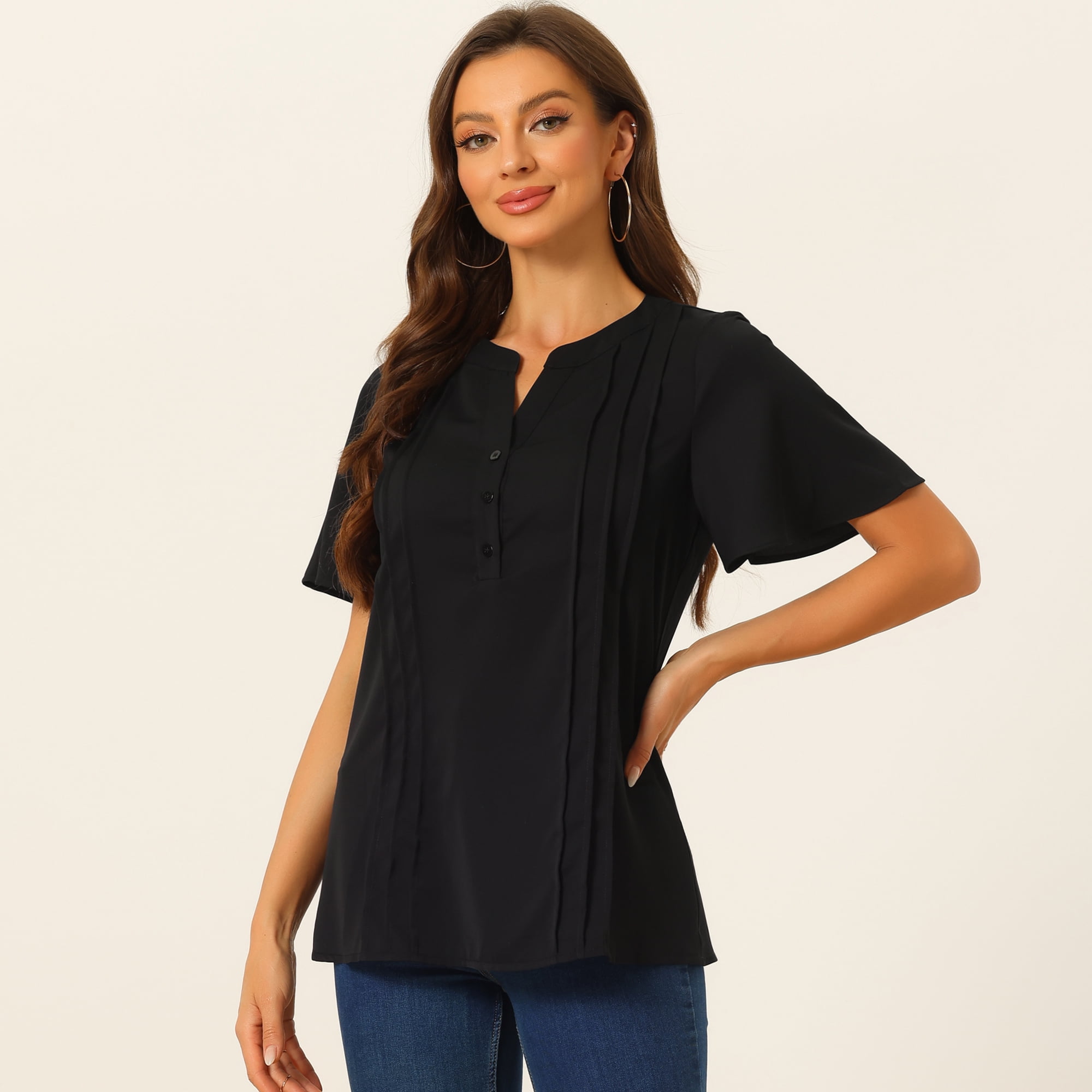 Unique Bargains Women Dressy Tops V Neck Button Down Shirts Work Short Sleeve T Shirt XS Black