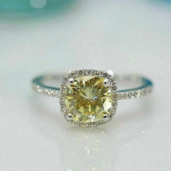 2Ct Cushion Lab-Created Canary Yellow Diamond Wedding Ring 14K White Gold Plated