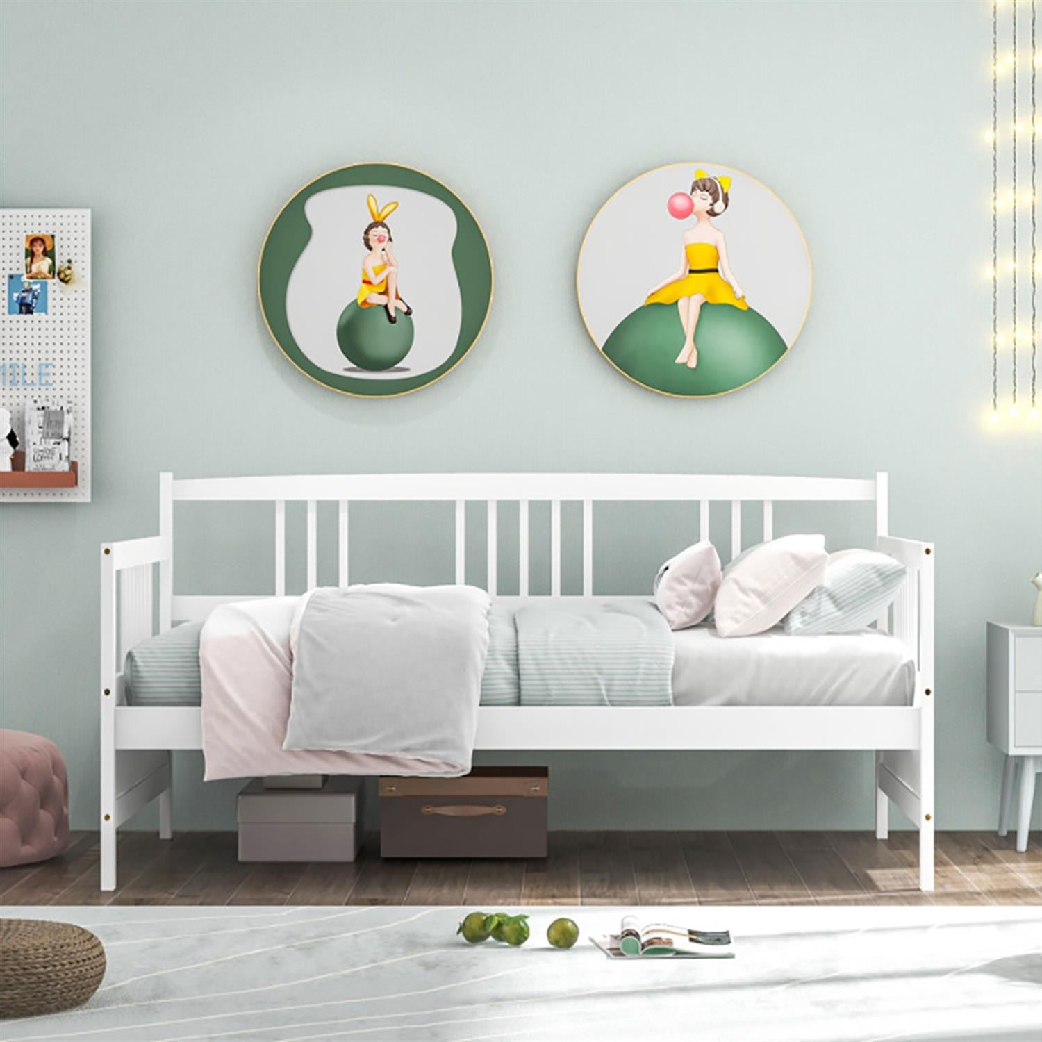 Demi Bonn Twin Size Wooden Slats Daybed Bed with Rails, Modern Bed Frame for Teens, White