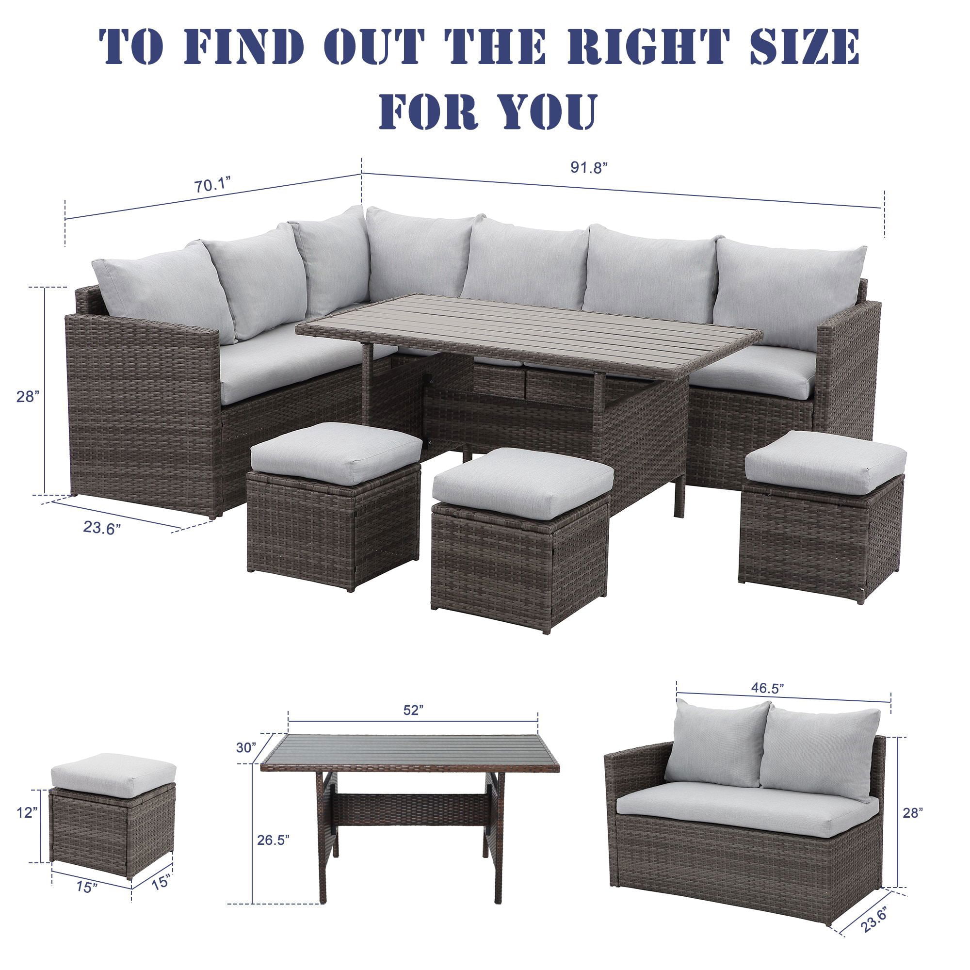 Heynemo 7 Pcs Outdoor Wicker Dining Set Patio Set with Table and Ottoman, Steel Frame, Gray