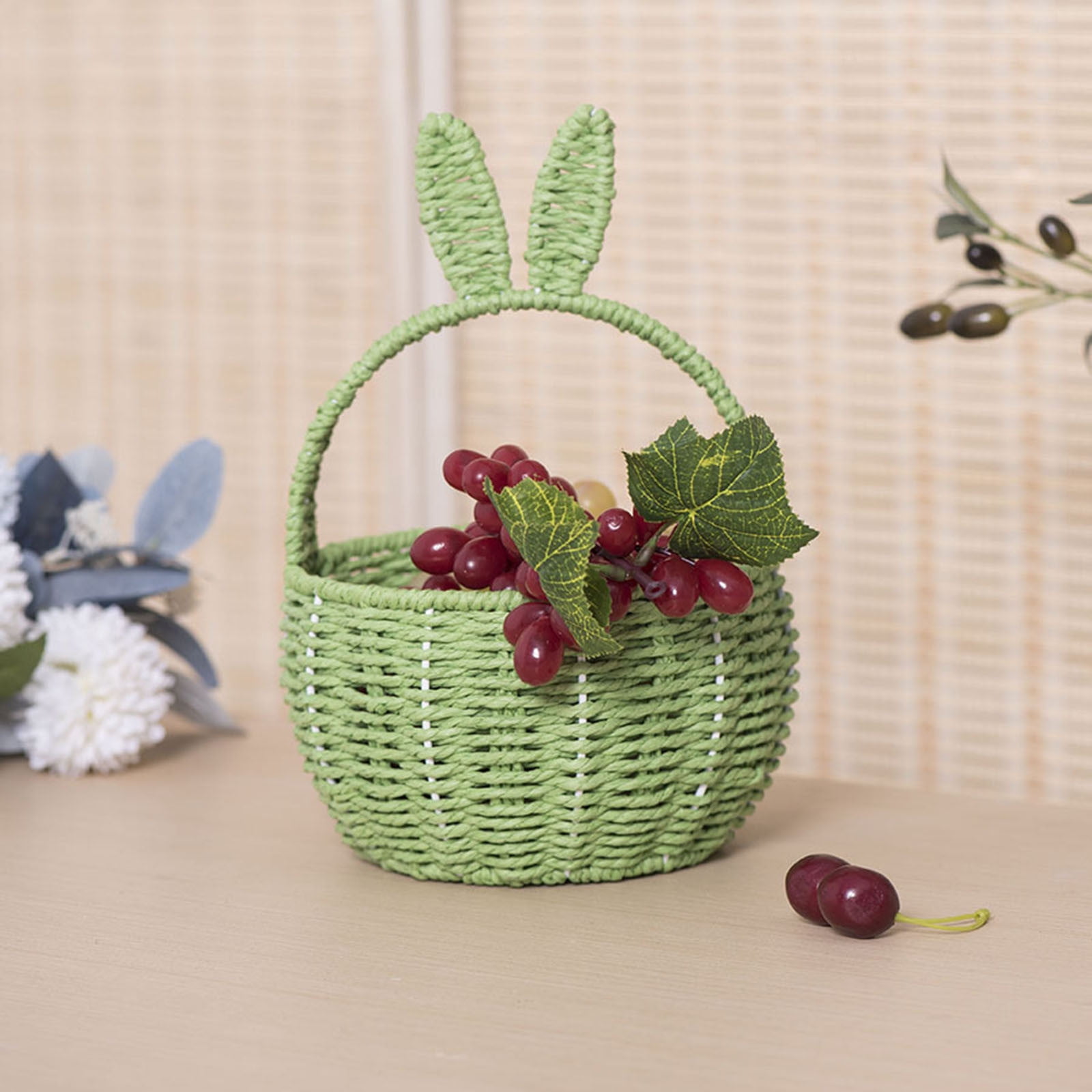 Handmade Easter Basket with Handle, Bunny Rattan Woven Basket, Rabbit Ear Straw Wicker Easter Egg Candy Basket for Easter Egg Hunting, Picnics, And Storage, Easter Gift Easter Baskets for
