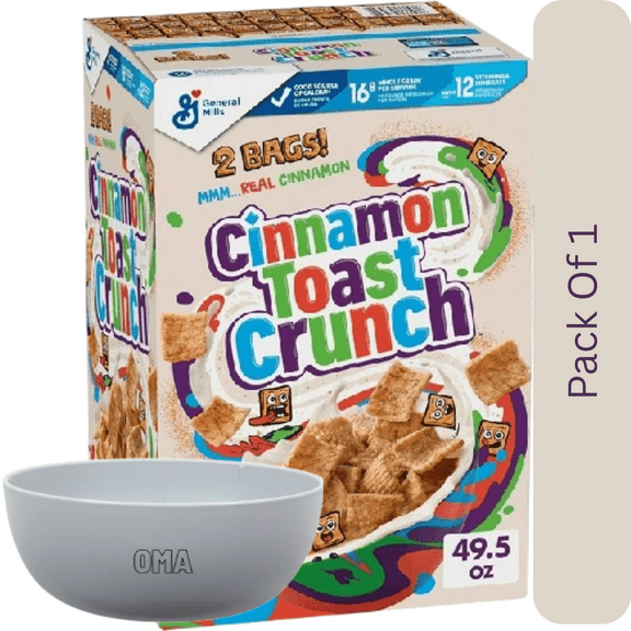 Cinnamon Toast Crunch Sweetened Whole Wheat & Rice Cereal, 49.5 oz Family Size With White Bowl By OMA