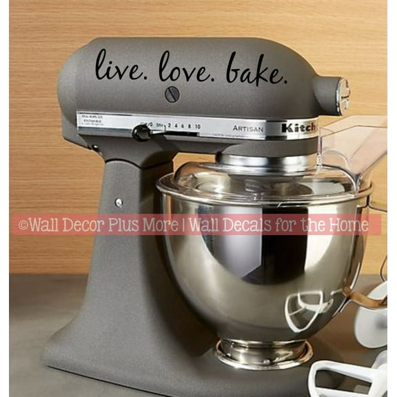 Kitchen Decor Live Love Bake Decal Vinyl Sticker Mixer Art for Appliances on Countertop 8x1.5-Inch Glossy Black