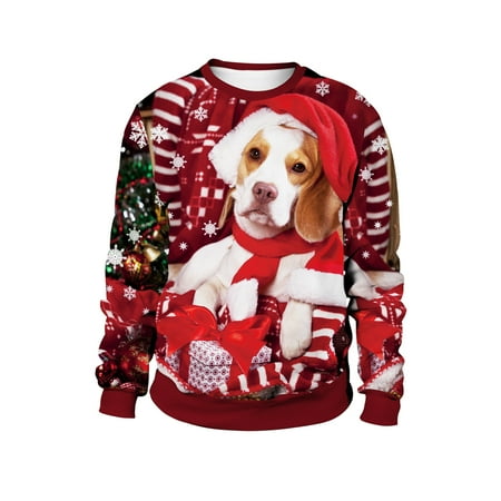 

Mens Dog Print Fleece Christmas Sweatshirts Cute Graphic Long Sleeve Comfy Crewneck Digital Pullover for Couple Fashion Lightweight Casual Sweatshirt