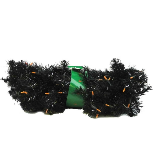 Halloween BLACK GARLAND WITH ORANGE LIGHTS Sisal 9 Feet PreLit